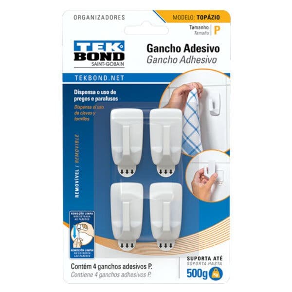 Gancho Adesivo até 0,500kg Branco Topázio 4 peça