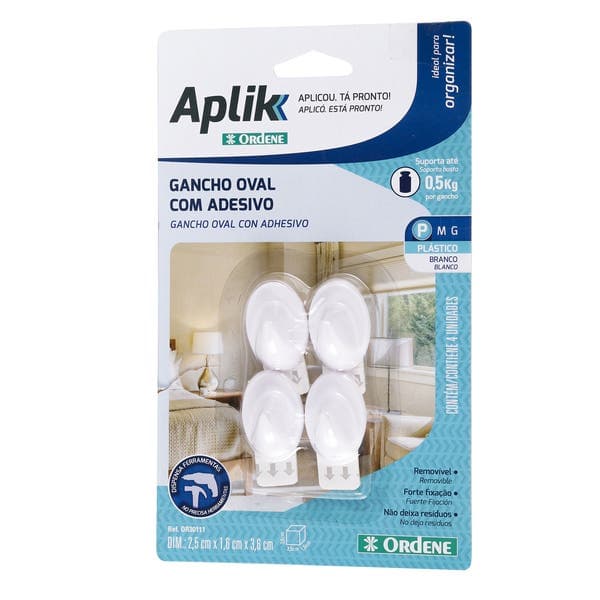 Gancho de Adesivo até 0,5kg ABS 4 unidades Ordene