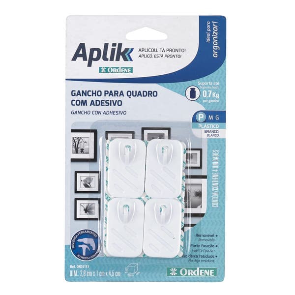 Gancho de Adesivo até 0,7kg ABS 4 unidades Ordene