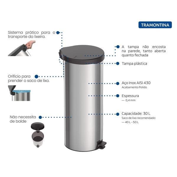 Lixeira 30L Aço Inox Pedal Prata e Preto Tramontina