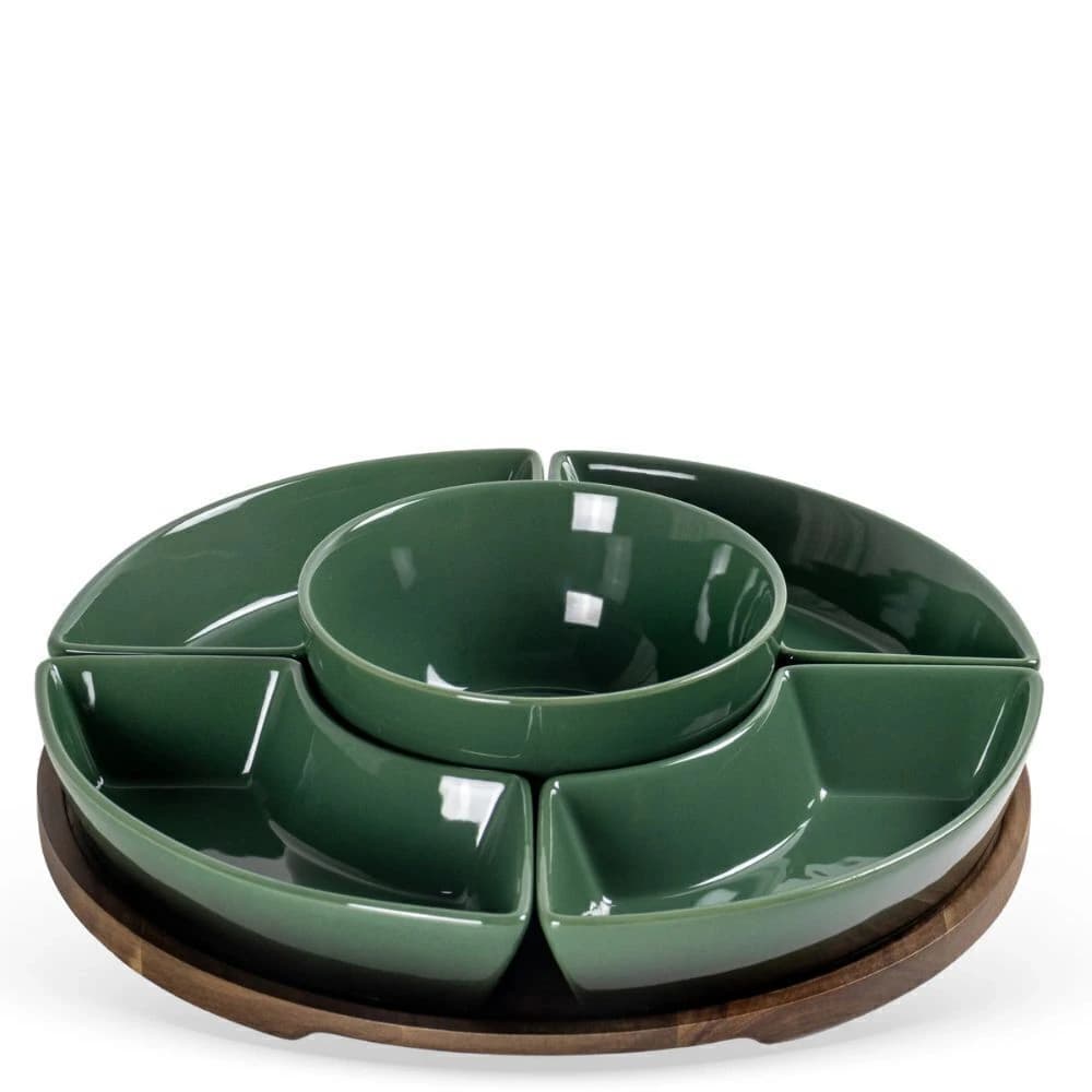 Petisqueira de Cerâmica e Madeira Verde 30x7cm