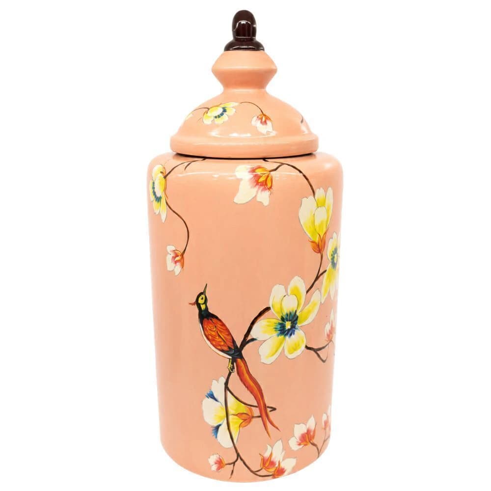 Potiche de Porcelana Pássaro Coral 39x15cm