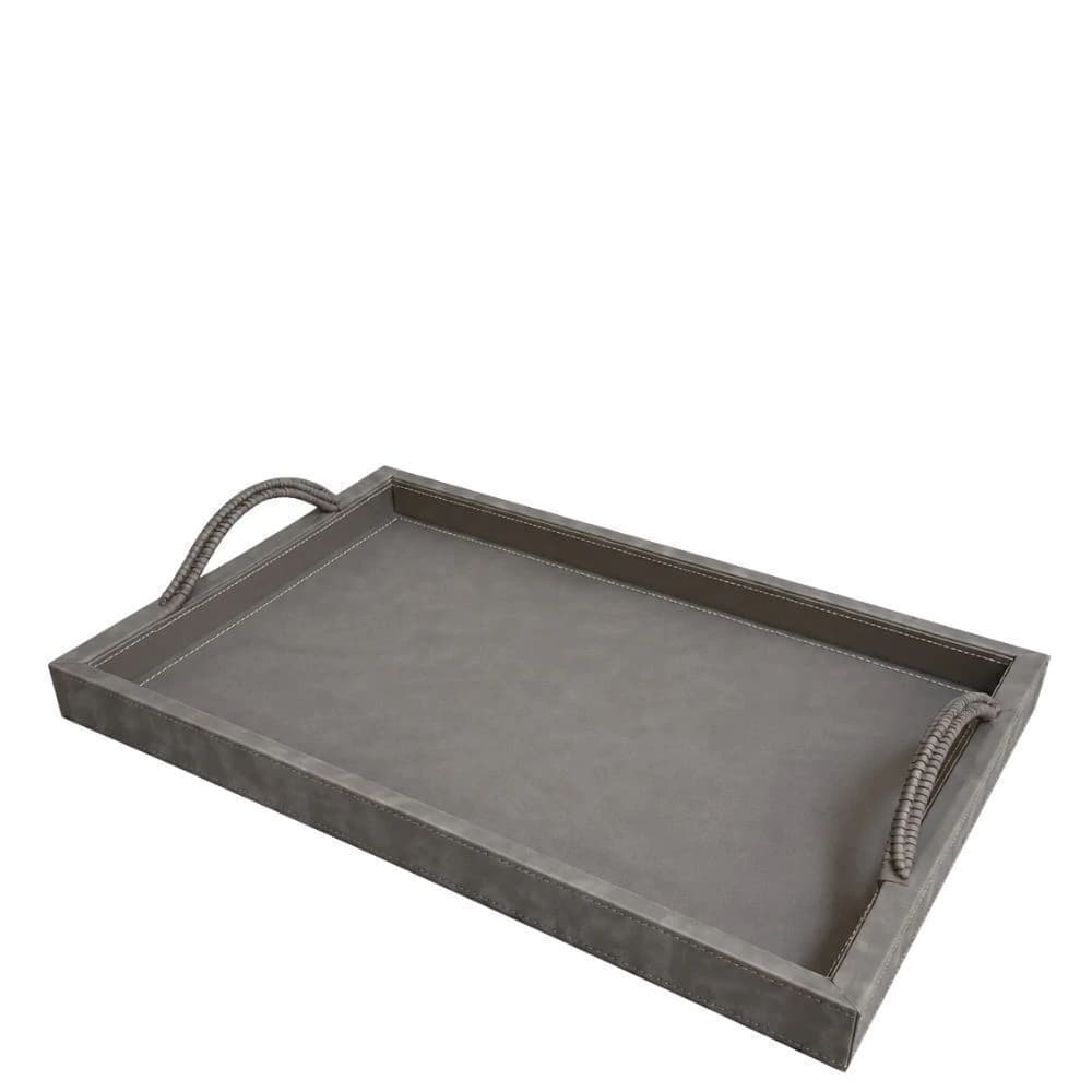 Bandeja de Couro Sintético com Alça Tramada Cinza 48x30x7cm
