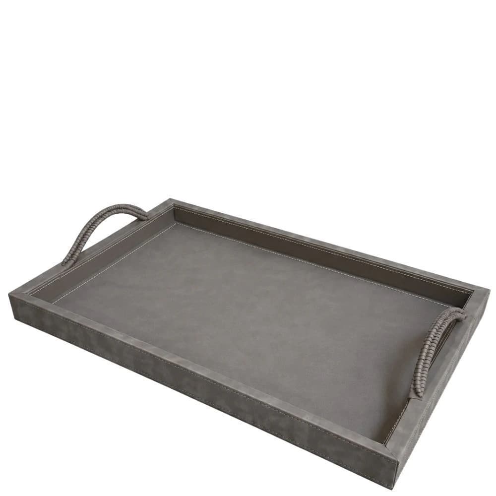 Bandeja de Couro Sintético com Alça Tramada Cinza 52x35x7cm