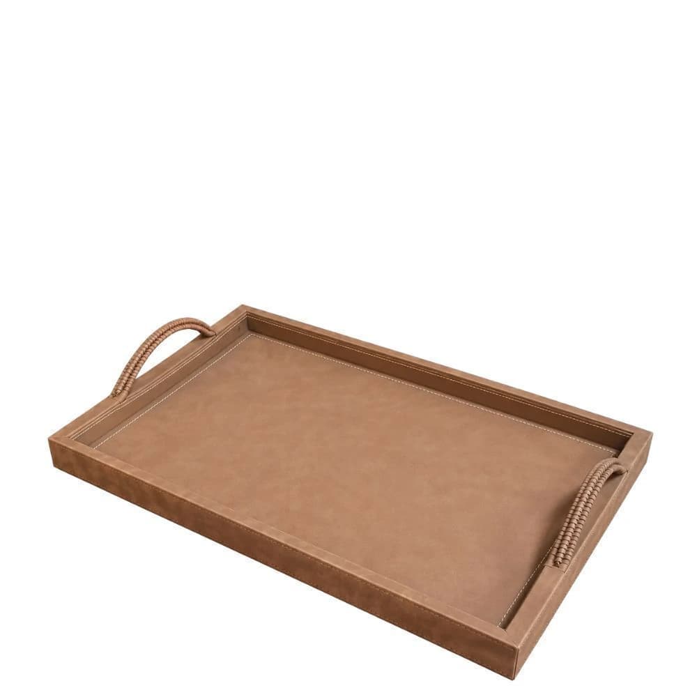 Bandeja de Couro Sintético com Alça Tramada Marrom 40x26x6cm