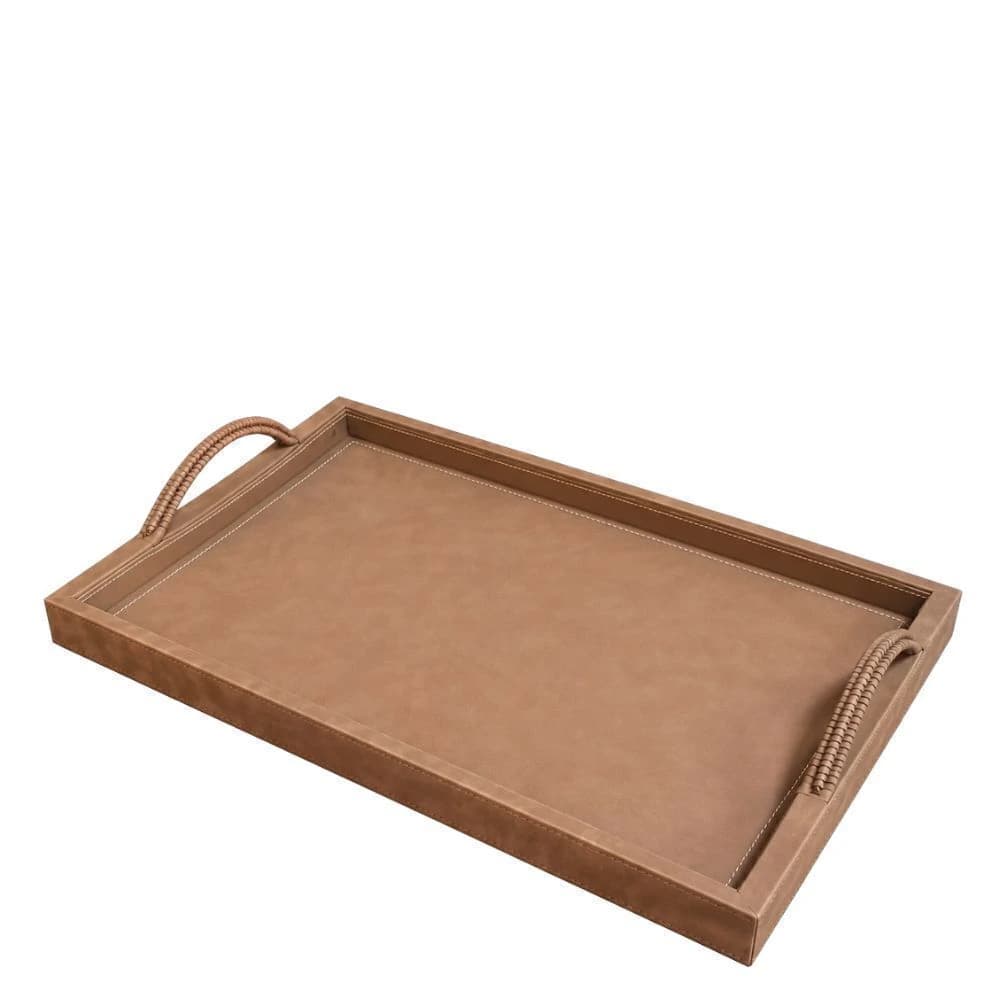 Bandeja de Couro Sintético com Alça Tramada Marrom 48x30x7cm