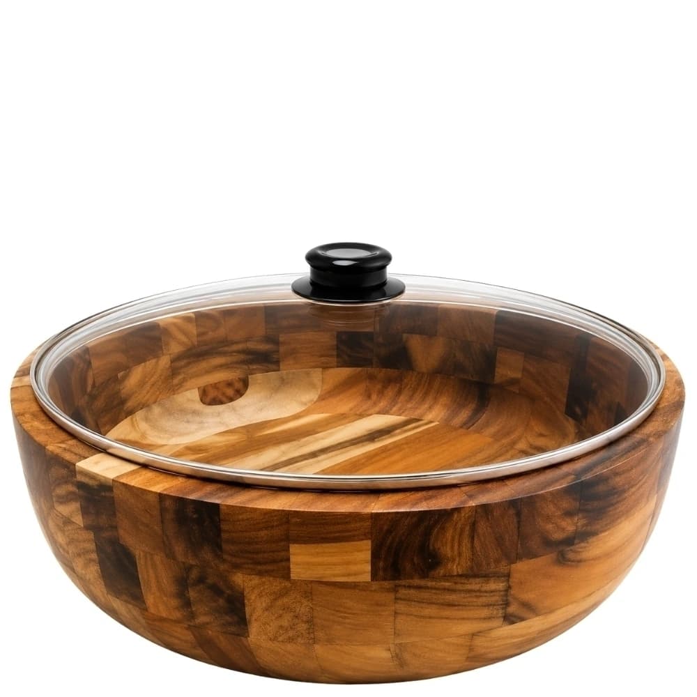 Bowl de Madeira Teca com Tampa de Vidro 35x10cm