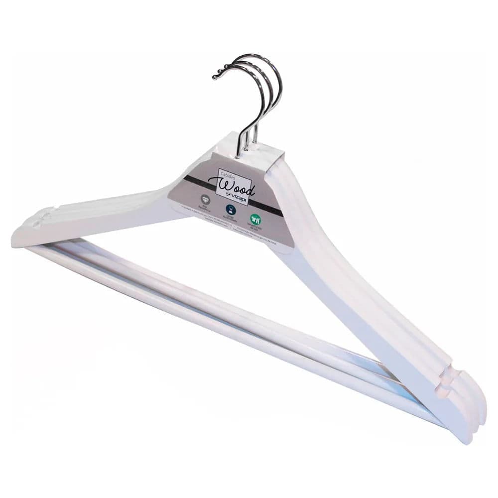Cabide de Madeira Wood com Barra 3 Peças Branco - Vizapi
