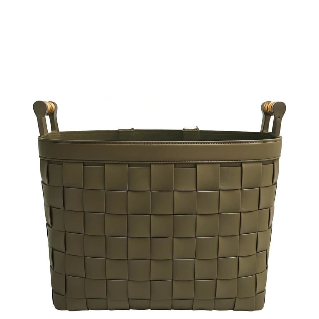 Cesto de Couro Sintético e Aça de Bambu 28x25x22cm