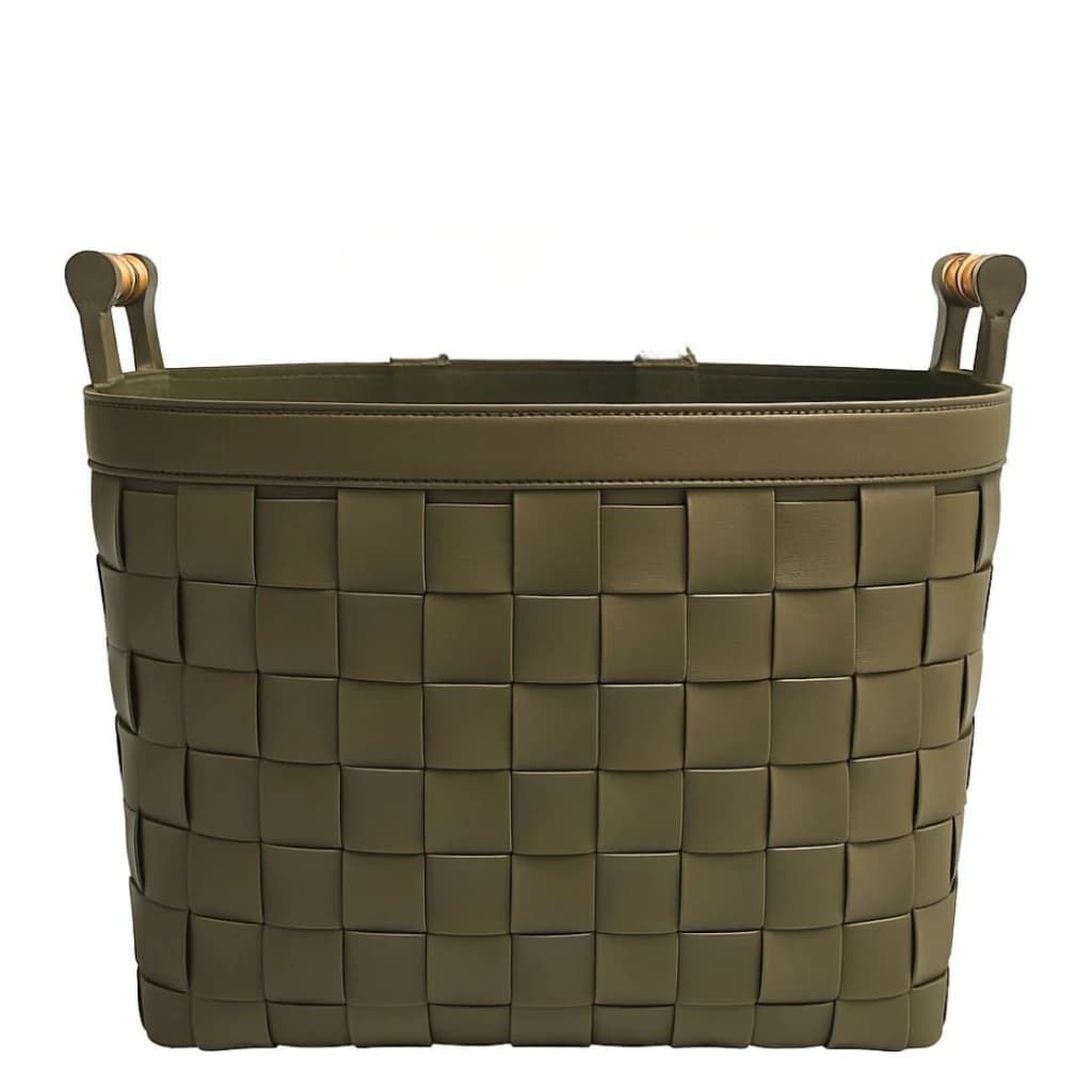 Cesto de Couro Sintético e Aça de Bambu 32x29x26cm
