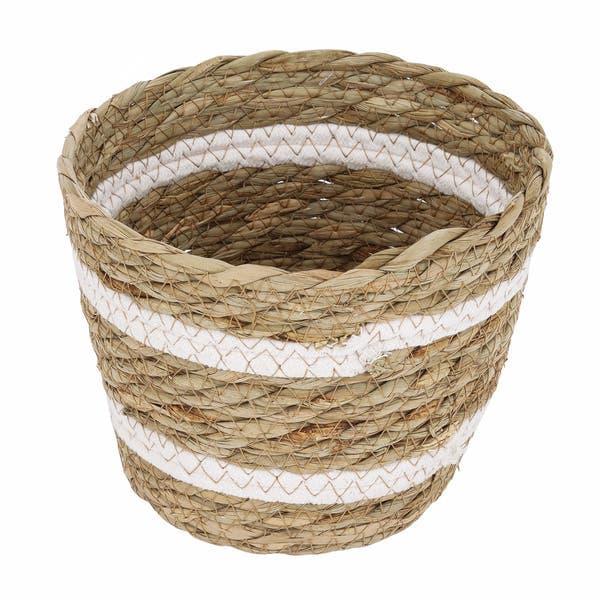 Cesto Fibra Natural e Branco Listrado 14x16x16cm Floral Atlanta