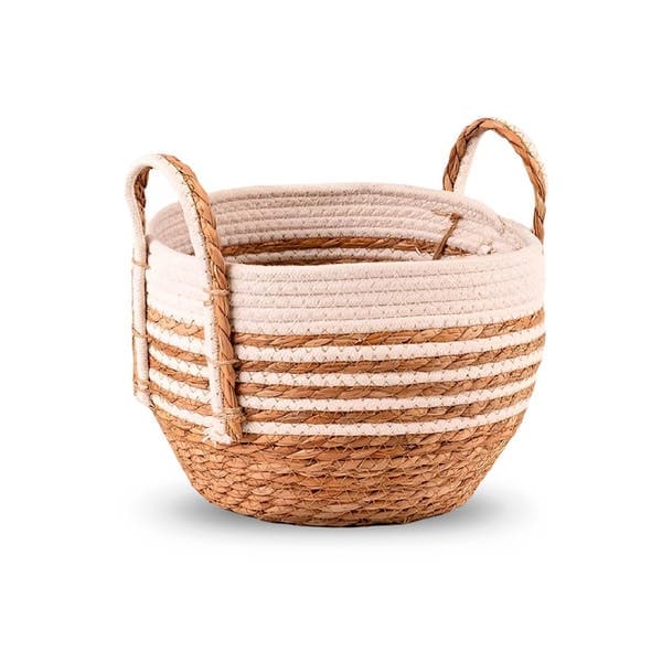 Cesto Fibra Natural e Branco Listrado 31x36x36cm Floral Atlanta