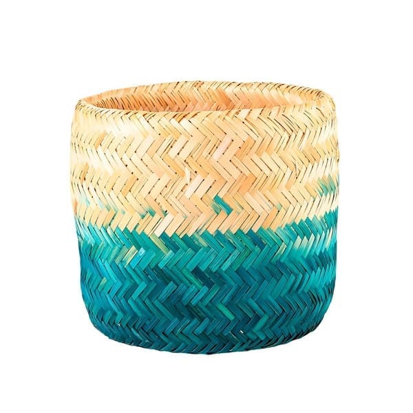 Cesto Fibra Natural Natural e Azul Cestaria 28 cm Floral Atlanta