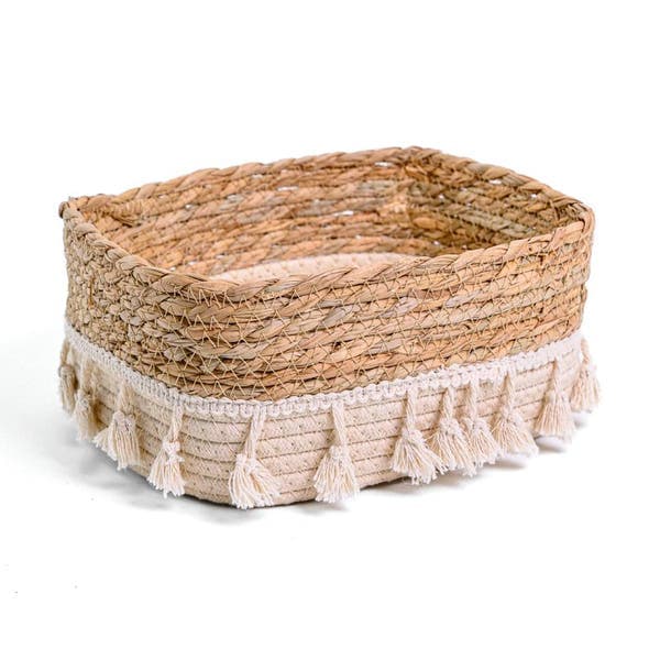 Cesto Fibra Palha e Creme Lima Franjas 11x17 cm Alluria