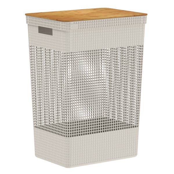 Cesto Roupas Plástico Grid com Tampa de Bambu 49L Bege