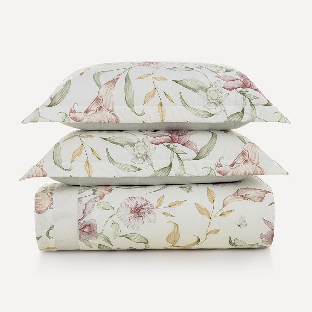Colcha Casal com 2 Porta-travesseiros 200 Fios Estela Branco/Rosa
