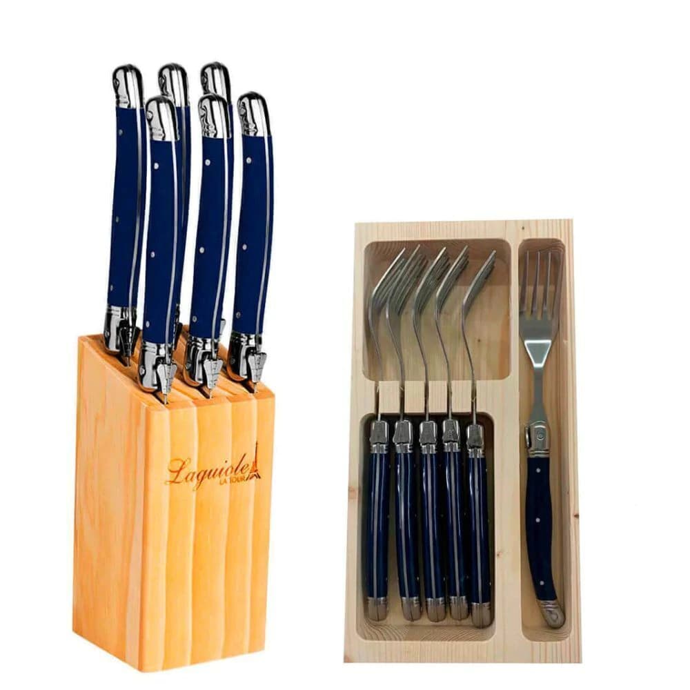 Conjunto Cepo de Facas e Garfo de Aço Inox Laguiole Azul 12pçs