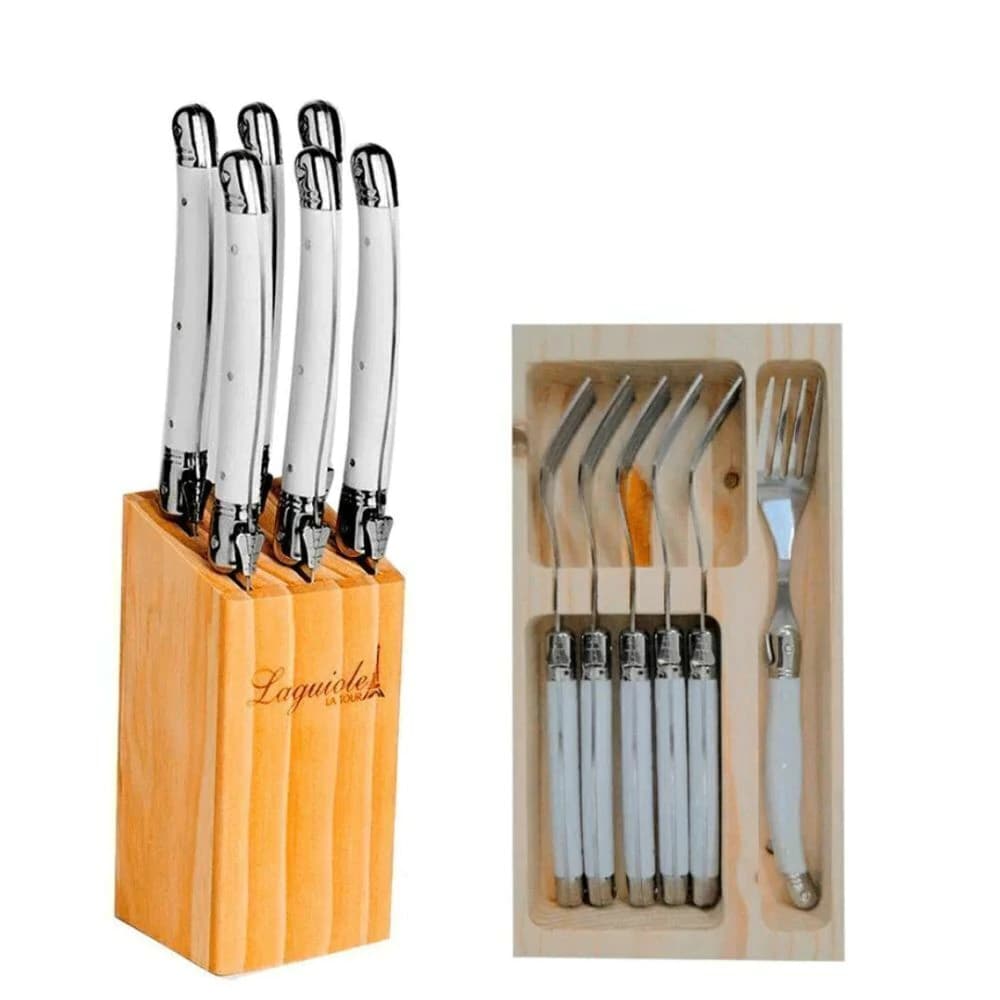 Conjunto Cepo de Facas e Garfo de Aço Inox Laguiole Branco 12pçs