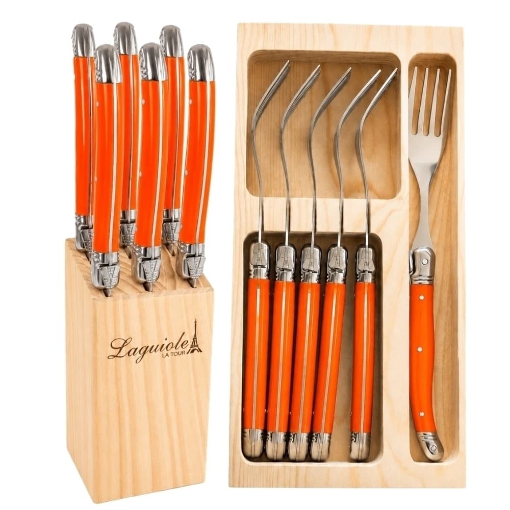 Conjunto Cepo de Facas e Garfo de Aço Inox Laguiole Laranja 12pçs