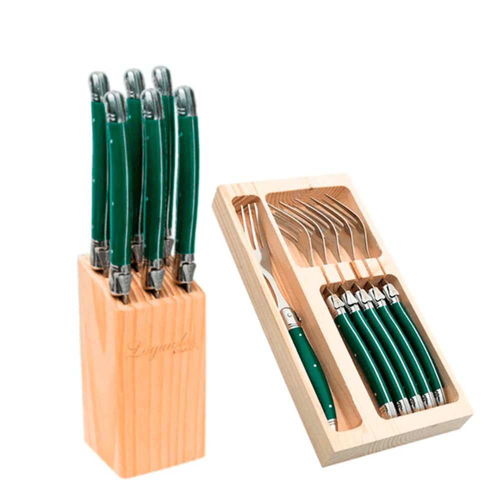 Conjunto Cepo de Facas e Garfo de Aço Inox Laguiole Verde 12pçs