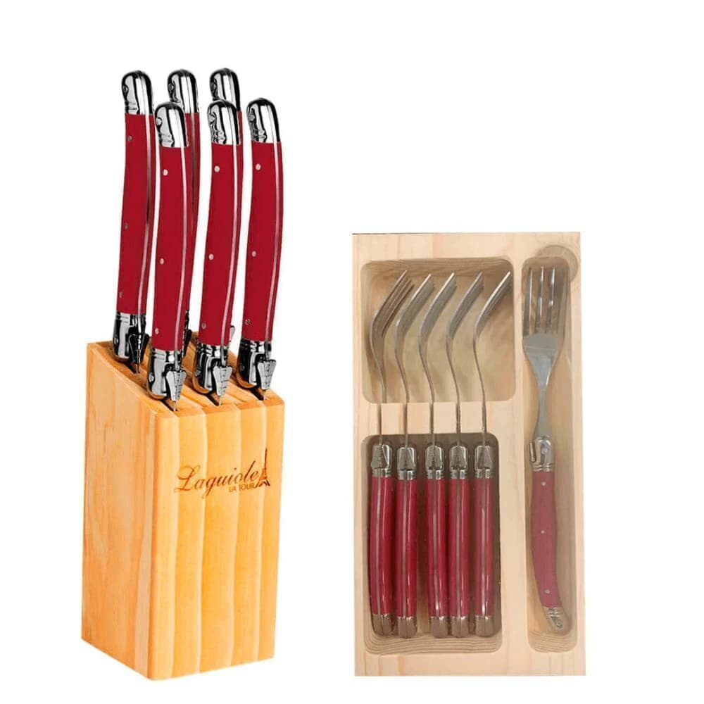 Conjunto Cepo de Facas e Garfo de Aço Inox Laguiole Vinho 12pçs