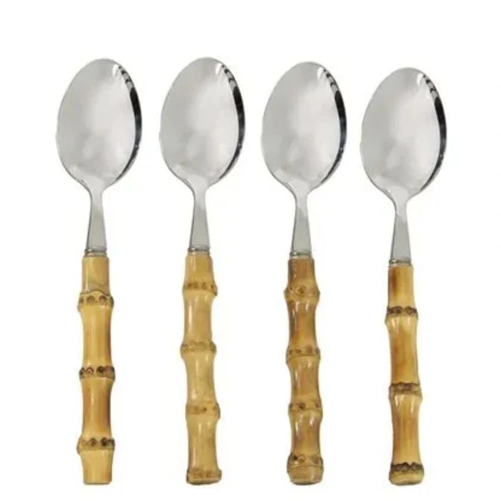 Conjunto de Colheres para Sobremesa de Aço Inox e Bambu 4pçs
