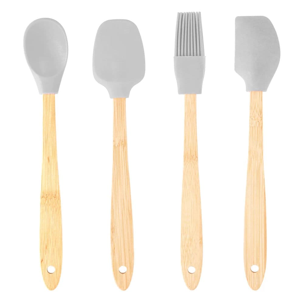 Conjunto de Utensílios 4 Peças Mini Cabo Bambu Cinza - Lyor