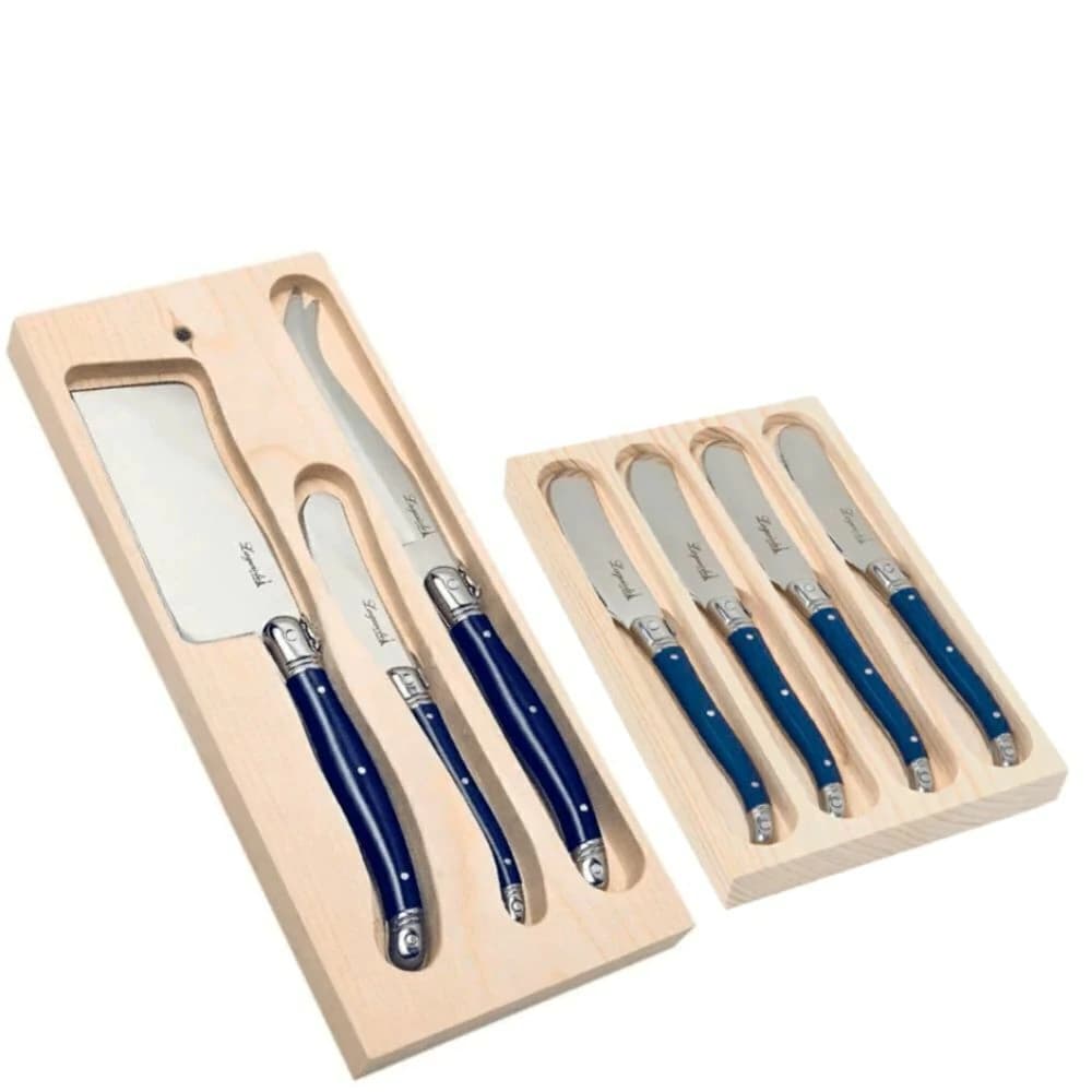 Conjunto Faca para Patê e Queijo de Aço Inox Laguiole Azul 7pçs