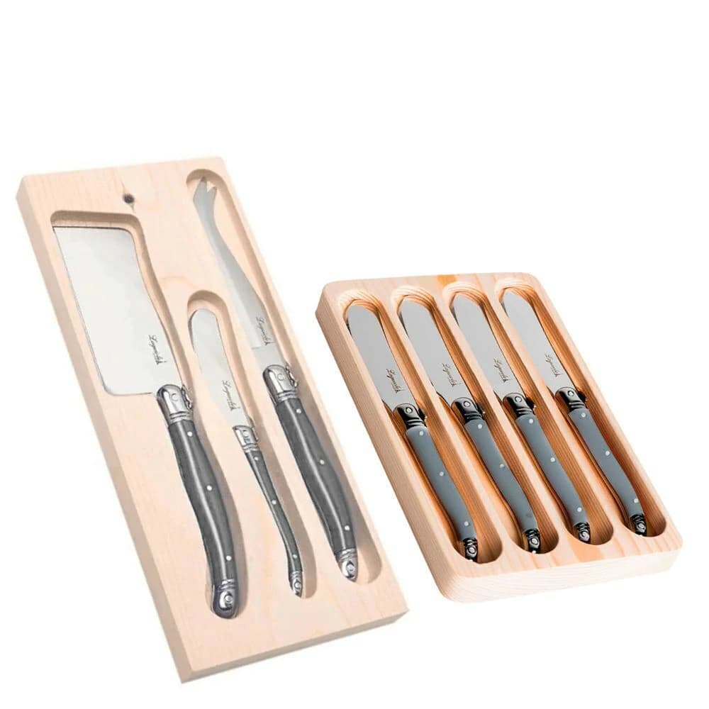 Conjunto Faca para Patê e Queijo de Aço Inox Laguiole Cinza 7pçs