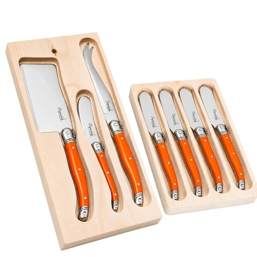Conjunto Faca para Patê e Queijo de Aço Inox Laguiole Laranja 7pçs