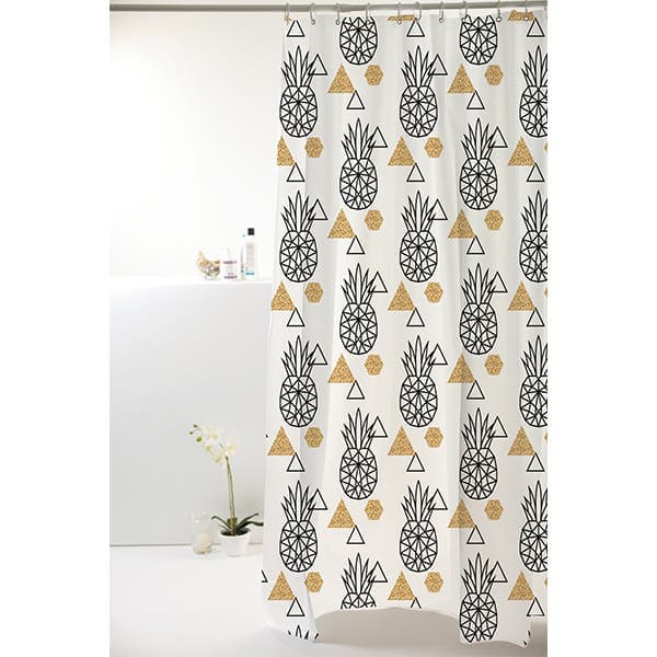 Cortina para Box 1,98x1,80cm PVC Abacaxi Preto Dourado Komlog