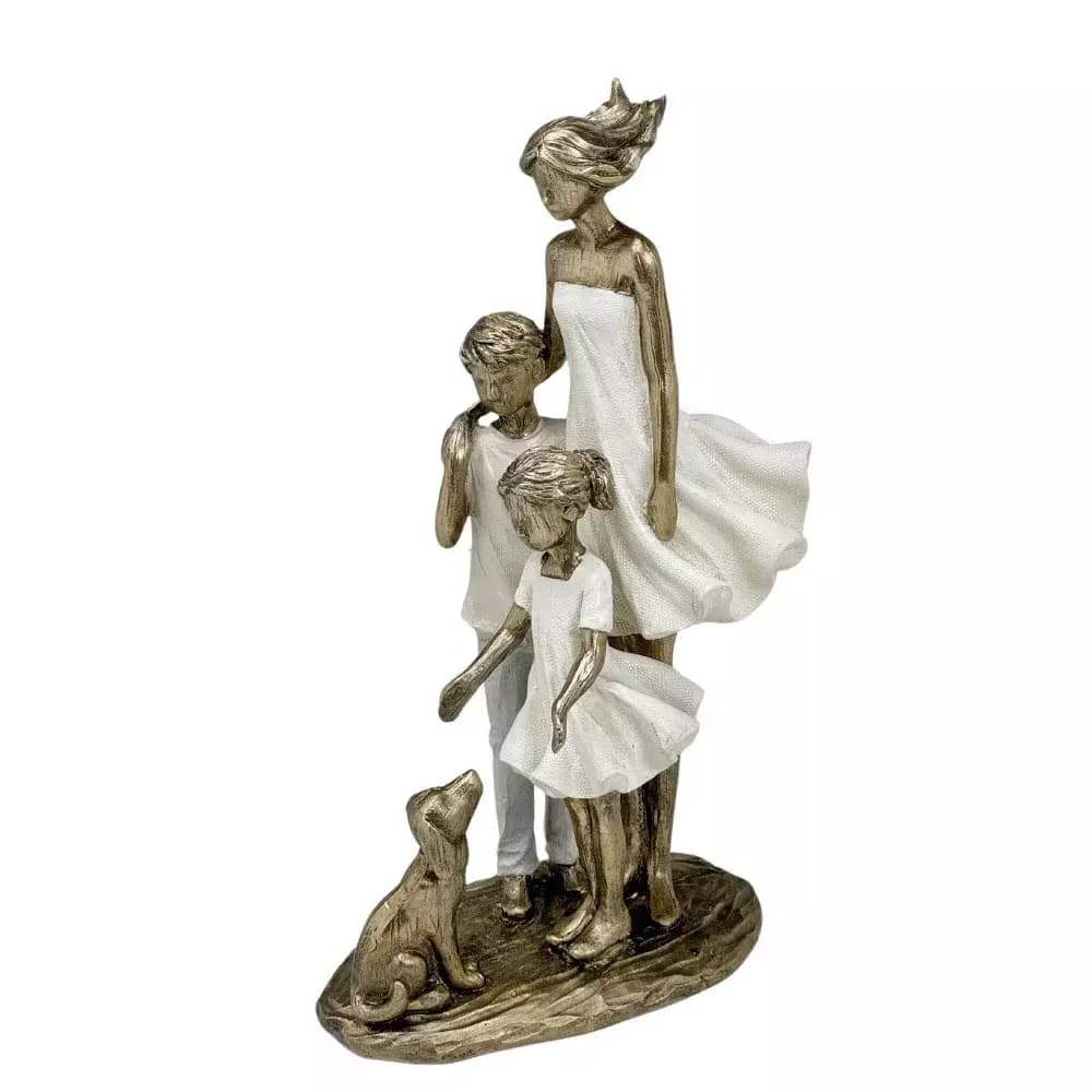 Escultura Decorativa Mãe Com Casal de Filhos e Pet