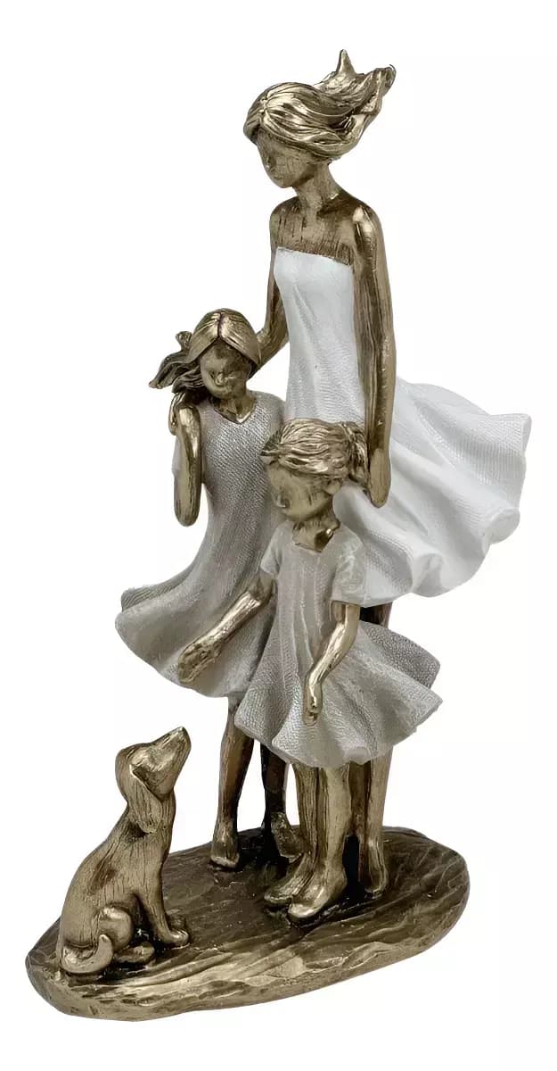Escultura Decorativa Mãe Com Filhas e Pet — Única