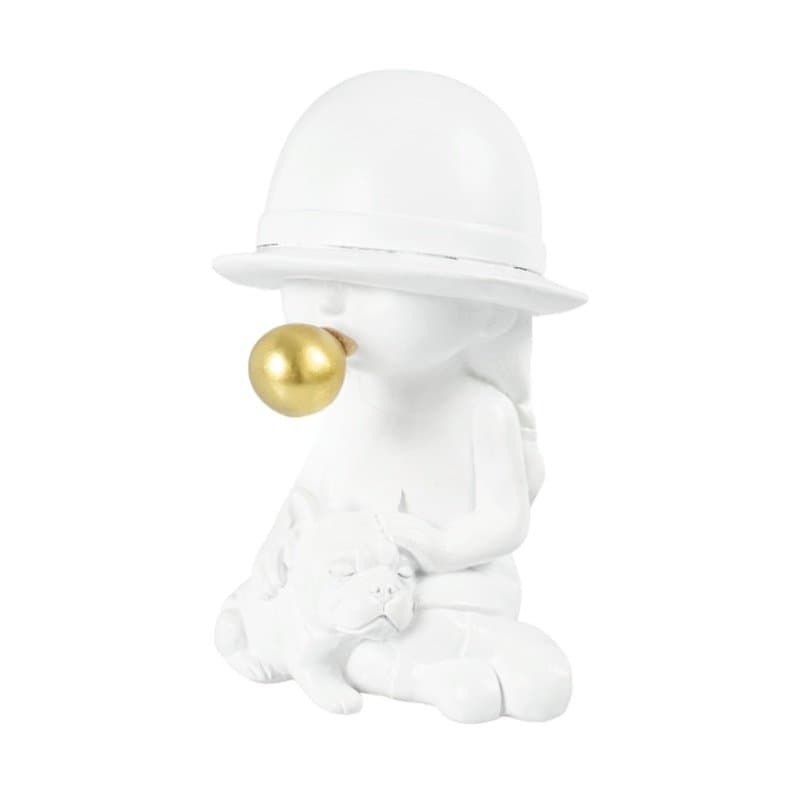 Escultura em Resina Menina com Cachorro Lucatti Branco e Dourado