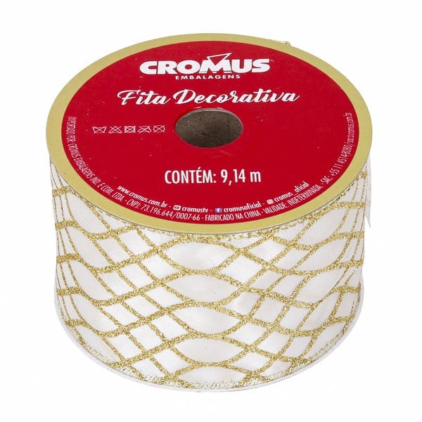 Fita Decorativa de Natal Ondas Branca e Dourada 6,3cmx9,14m Cromus