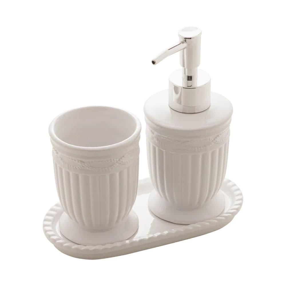 Kit Banheiro 3 Peças de Cerâmica Greece Branco e Prata - Lyor