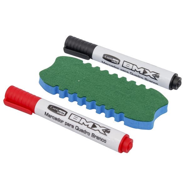 Kit Marcador Duas Cores Azul e Vermelho com Apagador de EVA