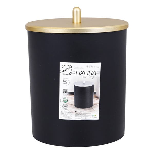 Lixeira para Banheiro 5L Plástico Manual Preta e Cromado Arthi