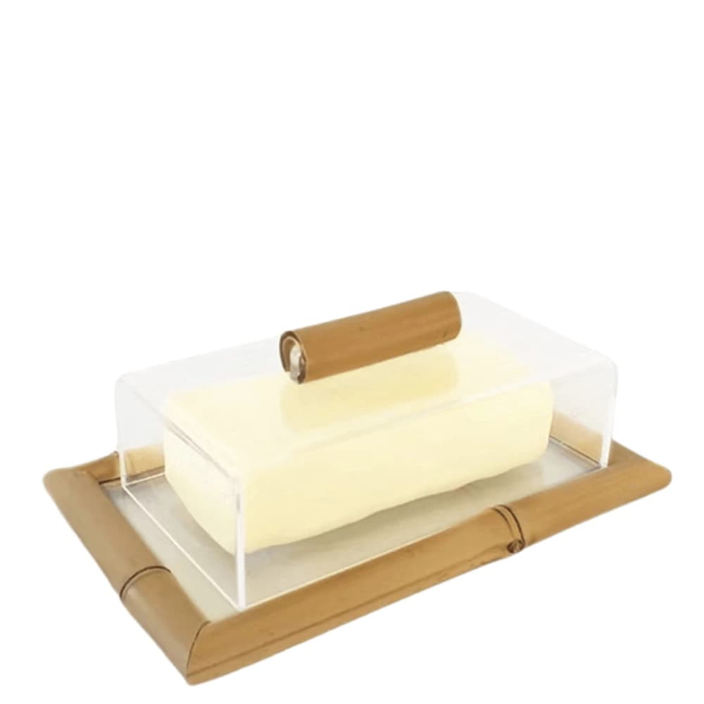 Manteigueira de Vidro e Bambu com Tampa de Acrílico 18x11cm
