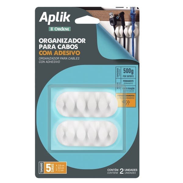 Organizador para Cabos com Adesivo 2,8x6,6x1,1cm Branco Ordene