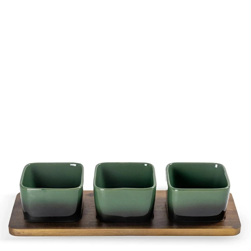 Petisqueira de Cerâmica e Madeira Verde 31x11x6,5 Cm