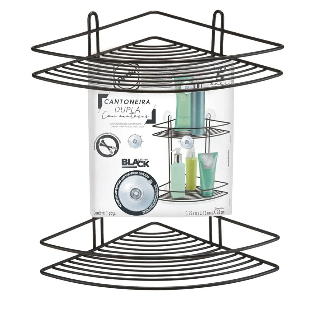 Porta Shampoo Cantoneira Dupla com Ventosas Black - Arthi