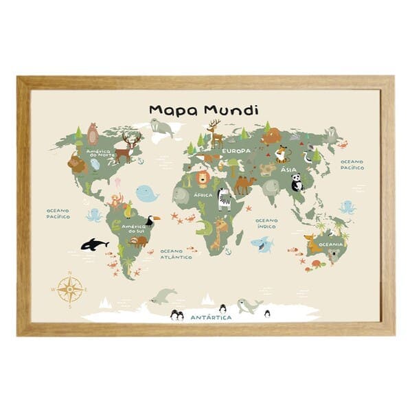 Quadro Decorativo Infantil Mapa Mundi com Moldura Freijó 40x60cm