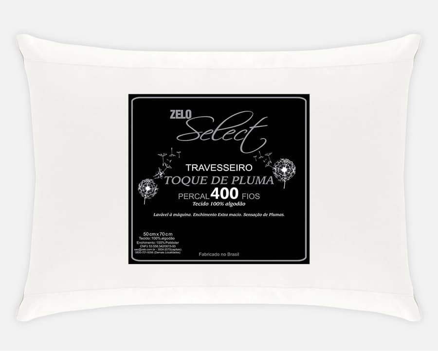 Travesseiro Zelo Select Toque de Pluma 0.50x0.70m - Percal 400 Fios