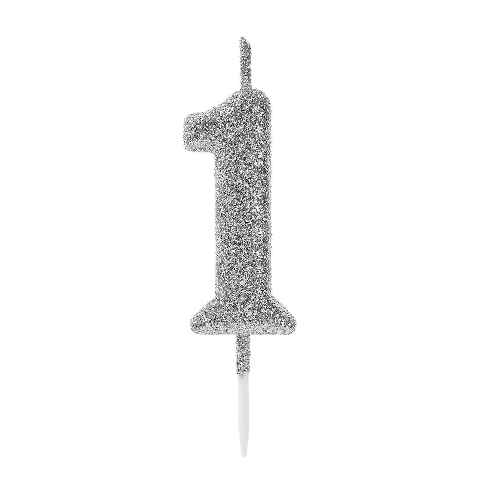 Vela Pick Glitter Número 1 Prateada - Silver Plastic