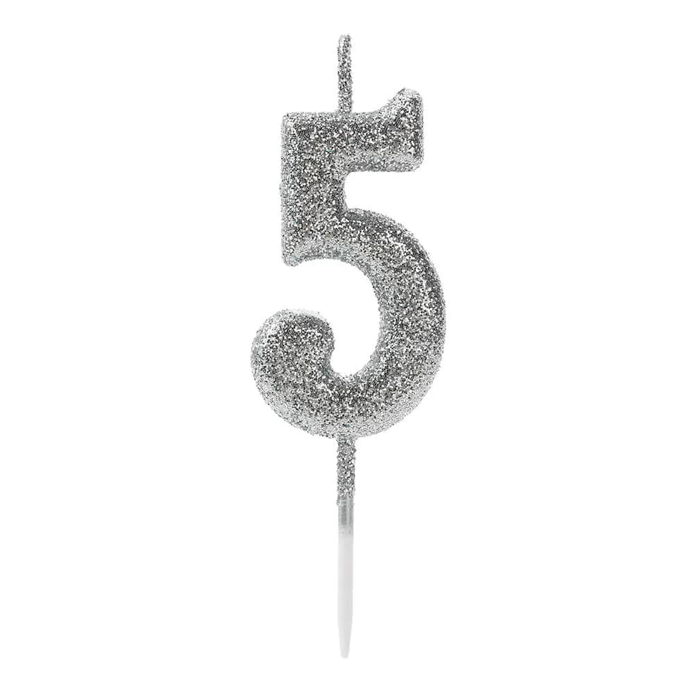 Vela Pick Glitter Número 5 Prateada - Silver Plastic