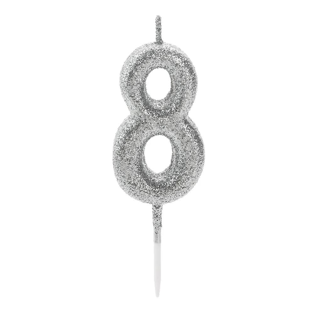 Vela Pick Glitter Número 8 Prateada - Silver Plastic