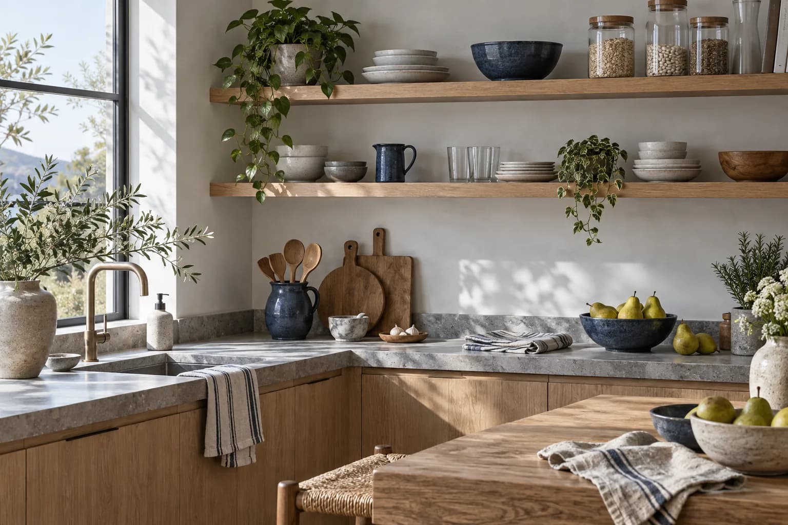 Inspiração de cozinha com madeira, vidro e cerâmica azul