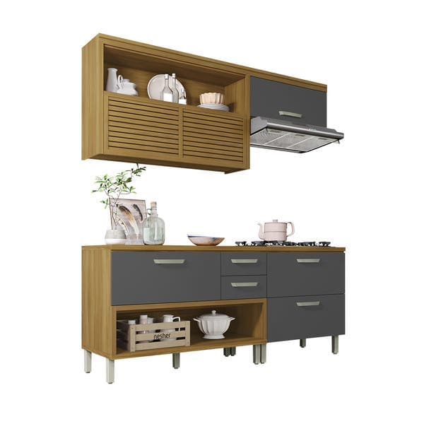 Armário de Cozinha Compacto MDF Freijó e Grafite Balcão e Armário Aéreo 4 Gavetas 4 Portas 200x221,5x52cm Safira Nesher