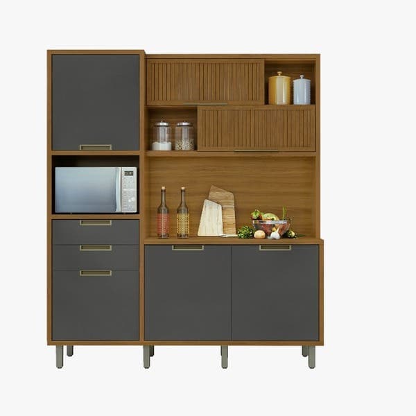Armário de Cozinha Compacto MDF Freijó e Grafite Balcão Torre e Armário Aéreo 183x212x42cm Loft Turquesa Nesher